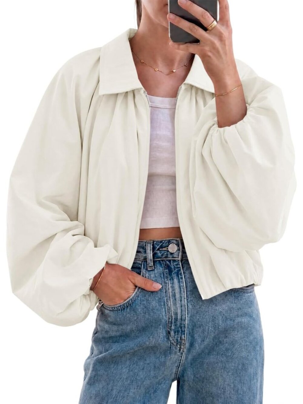 Womens Beige Drop-shoulder Balloon Sleeve Lapel Collar Cropped Bomber Jacket